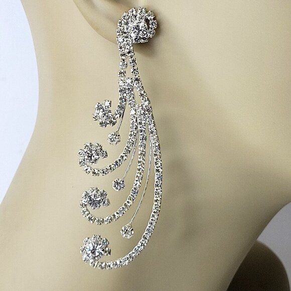 Silver Tone Crystal Tassel Earrings Bridal Chandelier Earrings - Picture 1 of 10